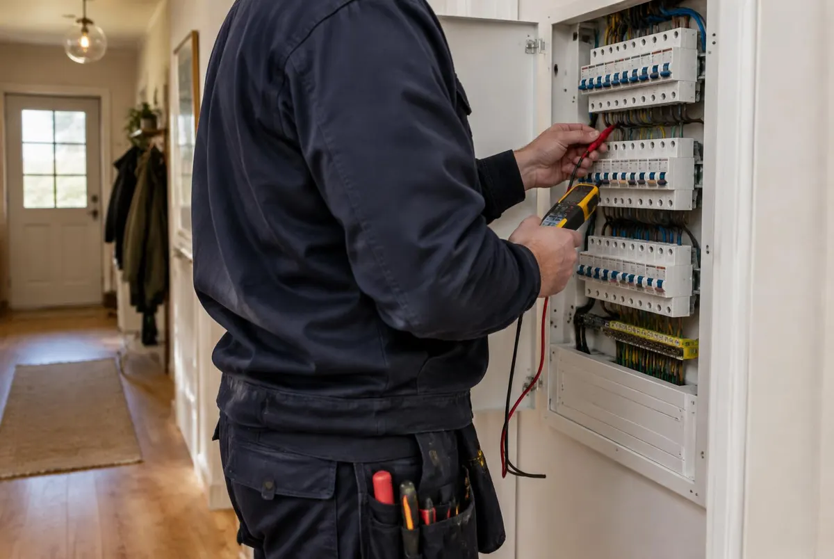 Elektriker kontrollerar en elcentral i en villa inför installation