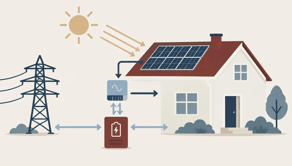 Illustration av hur solceller, hybridväxelriktare, batteri, villa och elnät hänger ihop