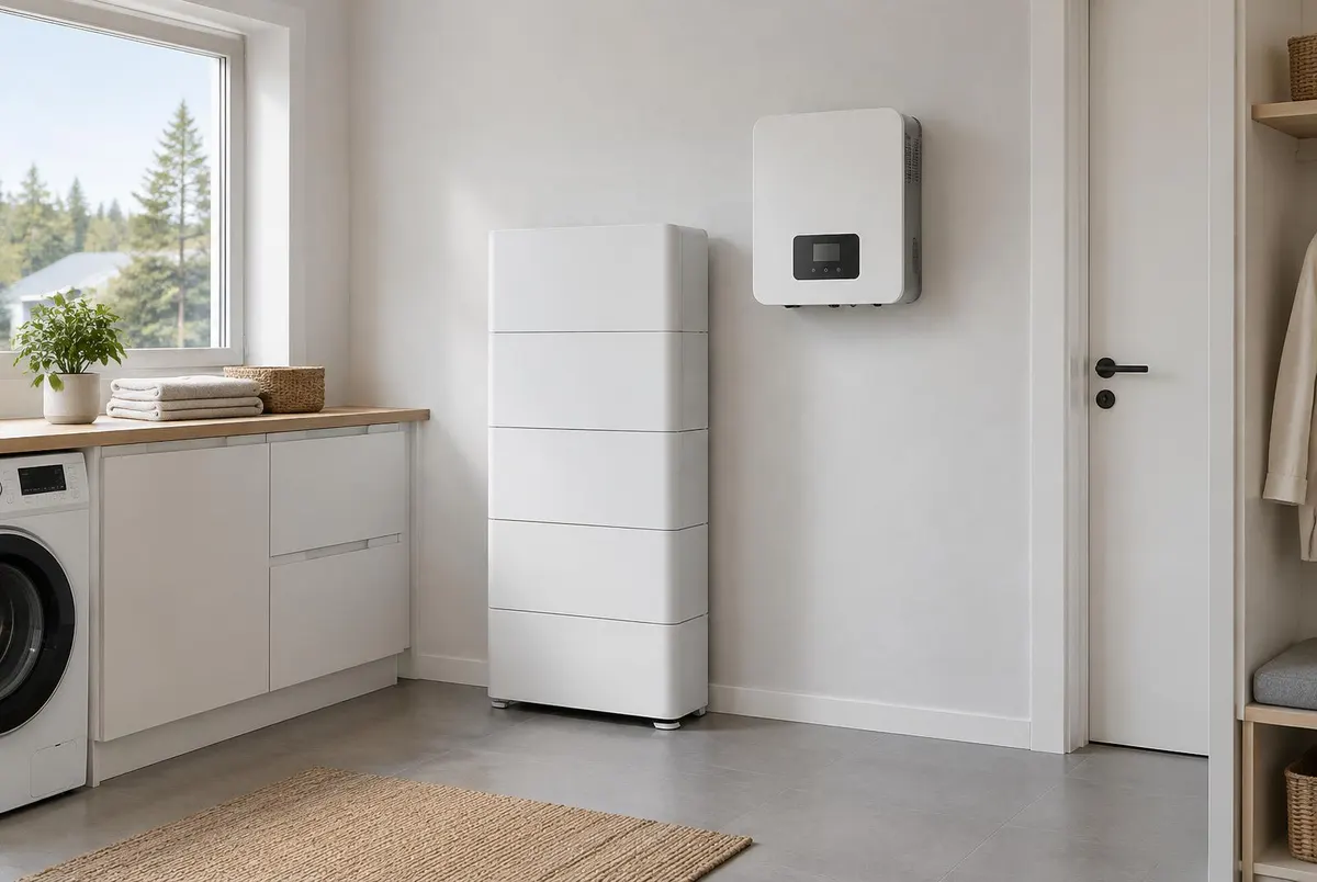 Vitt batteritorn och hybridväxelriktare i ett ljust tvättstugeutrymme i en villa