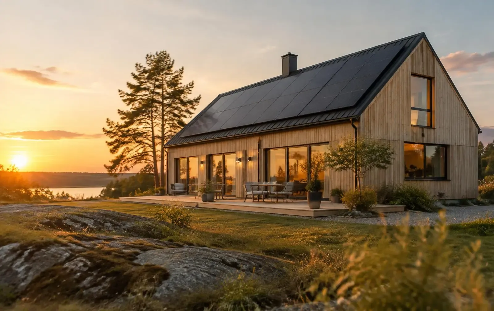 Svensk villa med solceller på taket i kvällsljus