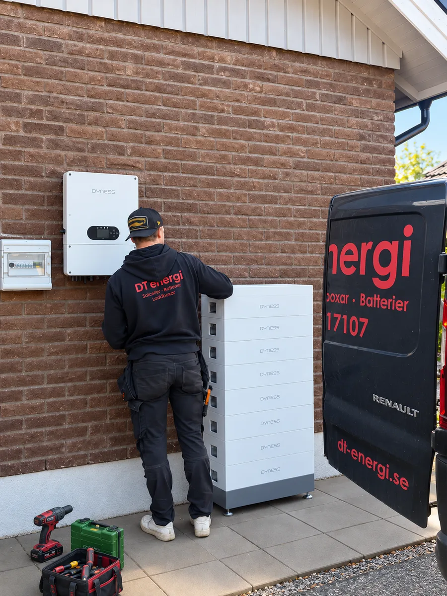 Montör från DT Energi installerar Dyness hybridväxelriktare och Tower PRO-batteri vid en villa
