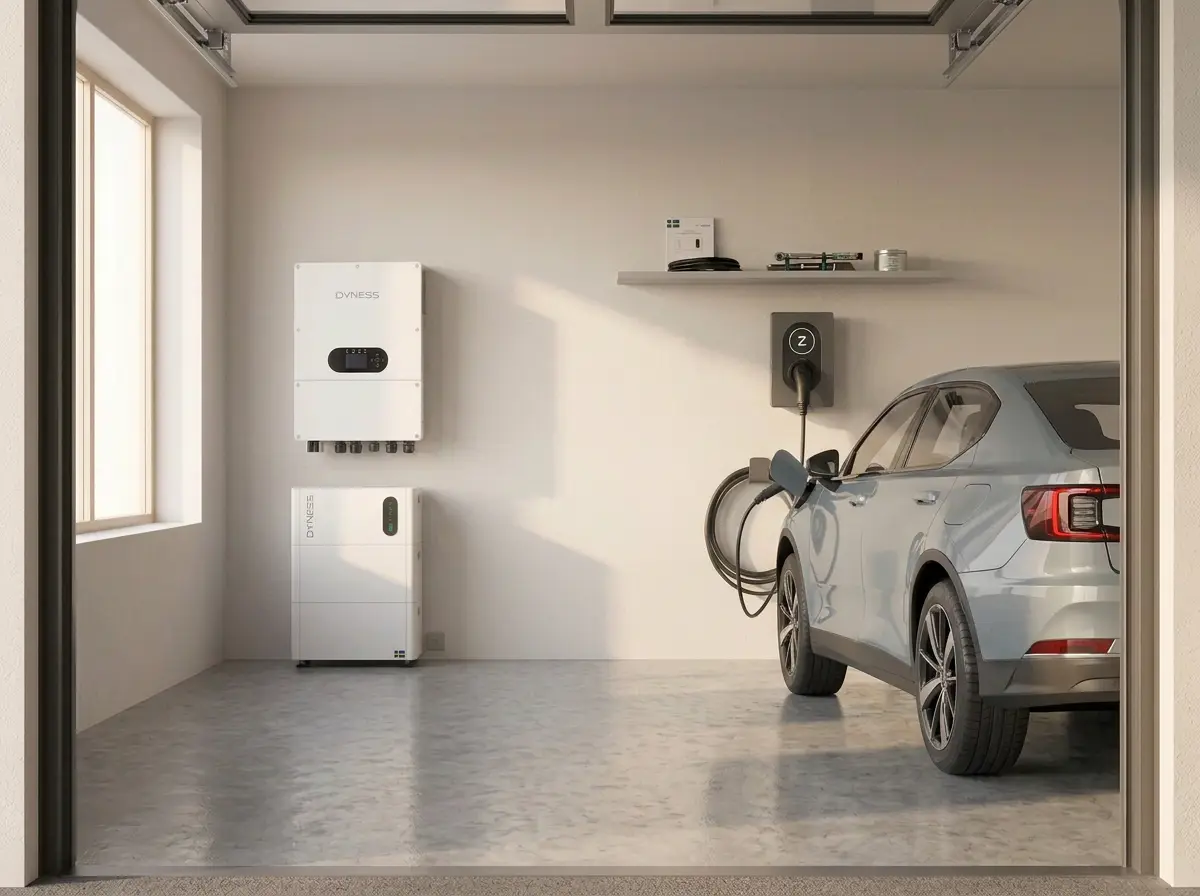 Dyness hybridväxelriktare, Tower PRO-batteri och Zaptec Go laddbox monterade i ett garage